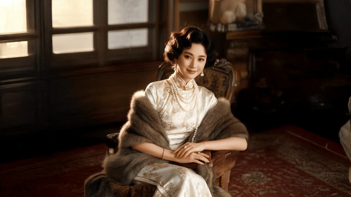 A person in a vintage qipao with period styling, posed in a soft golden-toned scene