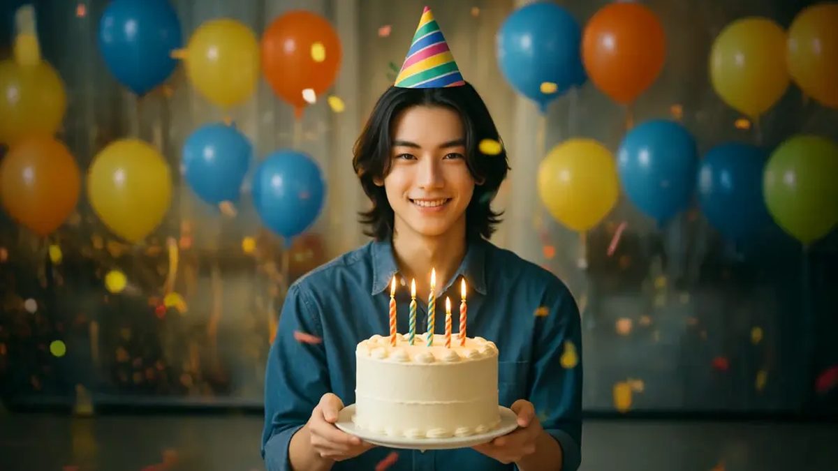 A person at a birthday celebration with a cake and festive decorations
