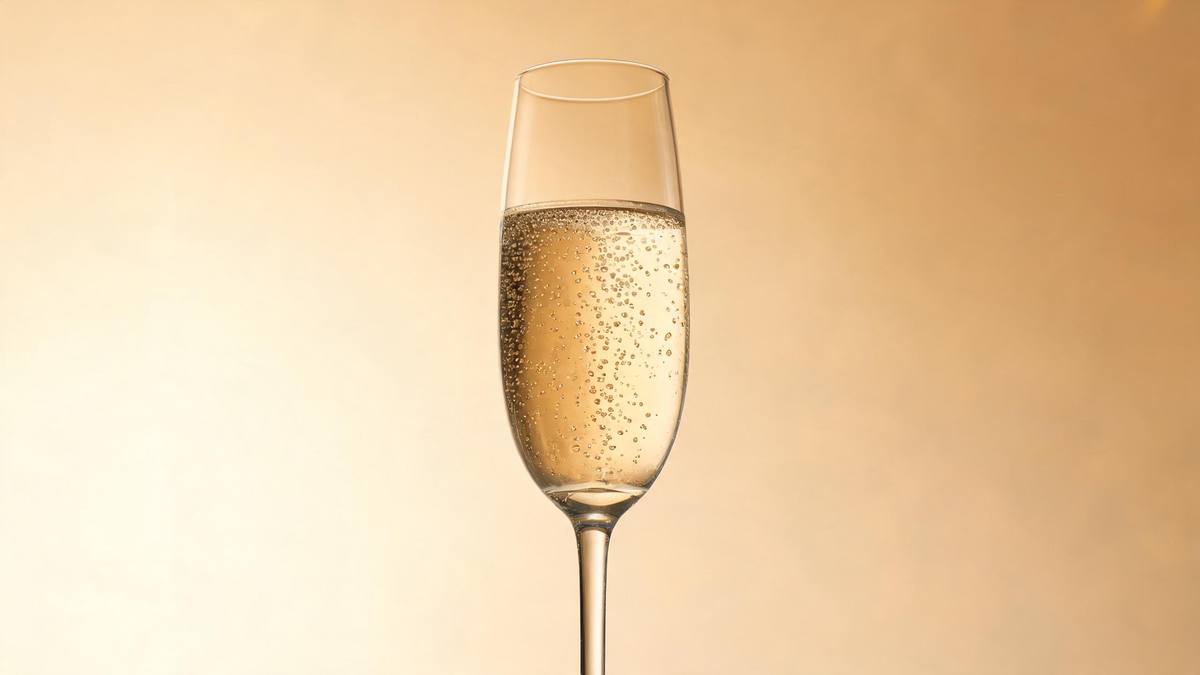 A flute of sparkling wine in front of a warm golden background with bubbles rising