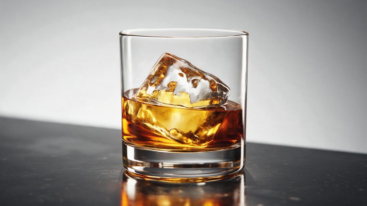A glass of whisky with a large ice cube catching golden light on a dark polished bar top