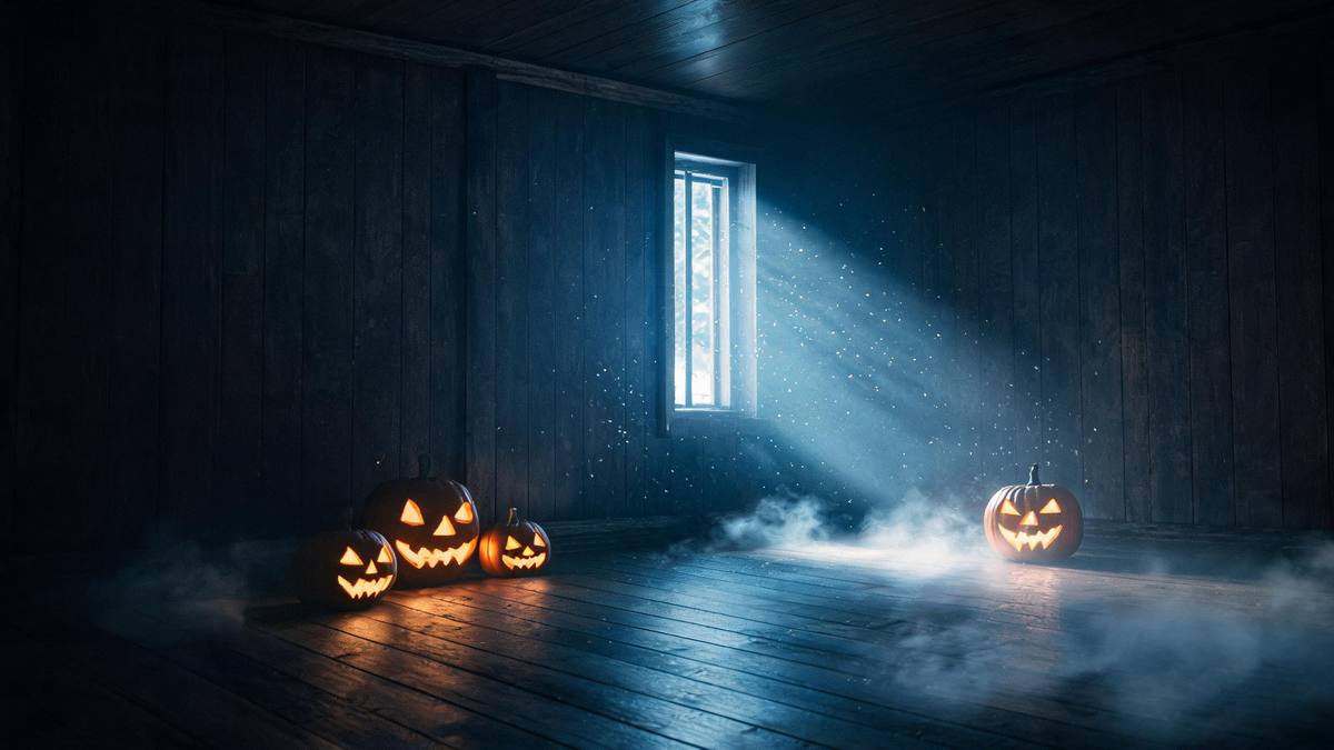 Pale daylight falling from a tall narrow window across the bare wooden floor of a dark panelled room with dust in the air