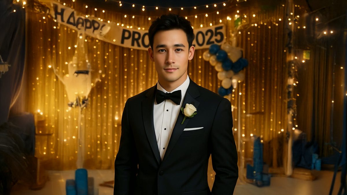 A person in graduation attire on a stage with ceremonial lighting
