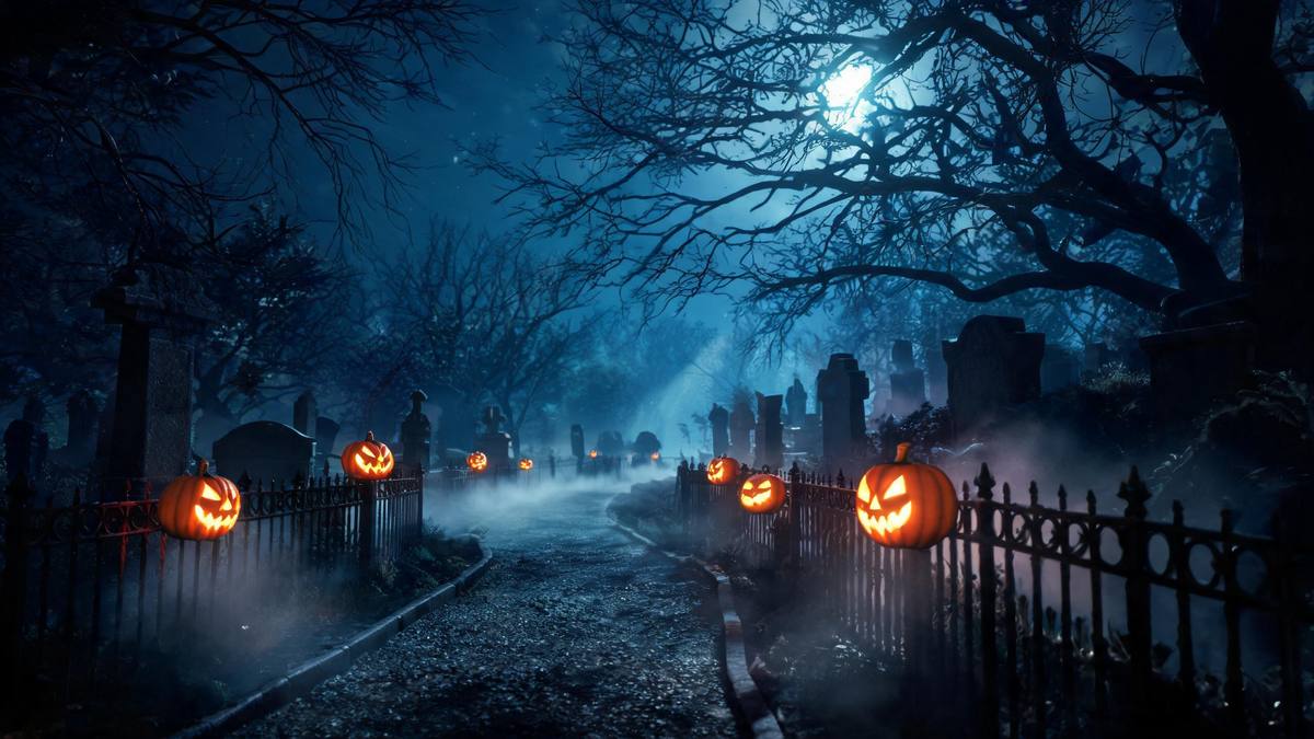 A foggy graveyard path with iron railings and bare trees at night