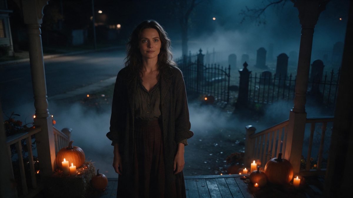 A woman on a porch with the background split between a plain street and a foggy graveyard