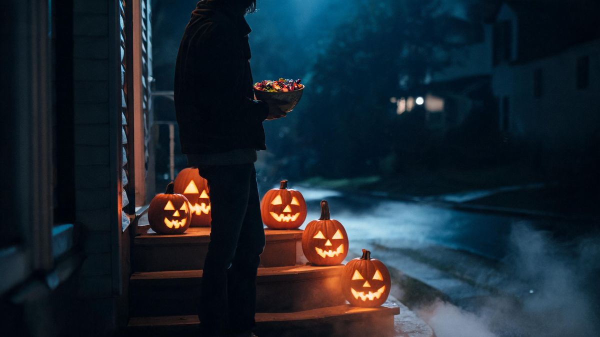 An adult figure seen from behind holding a candy bowl on a doorstep lit by a row of pumpkins