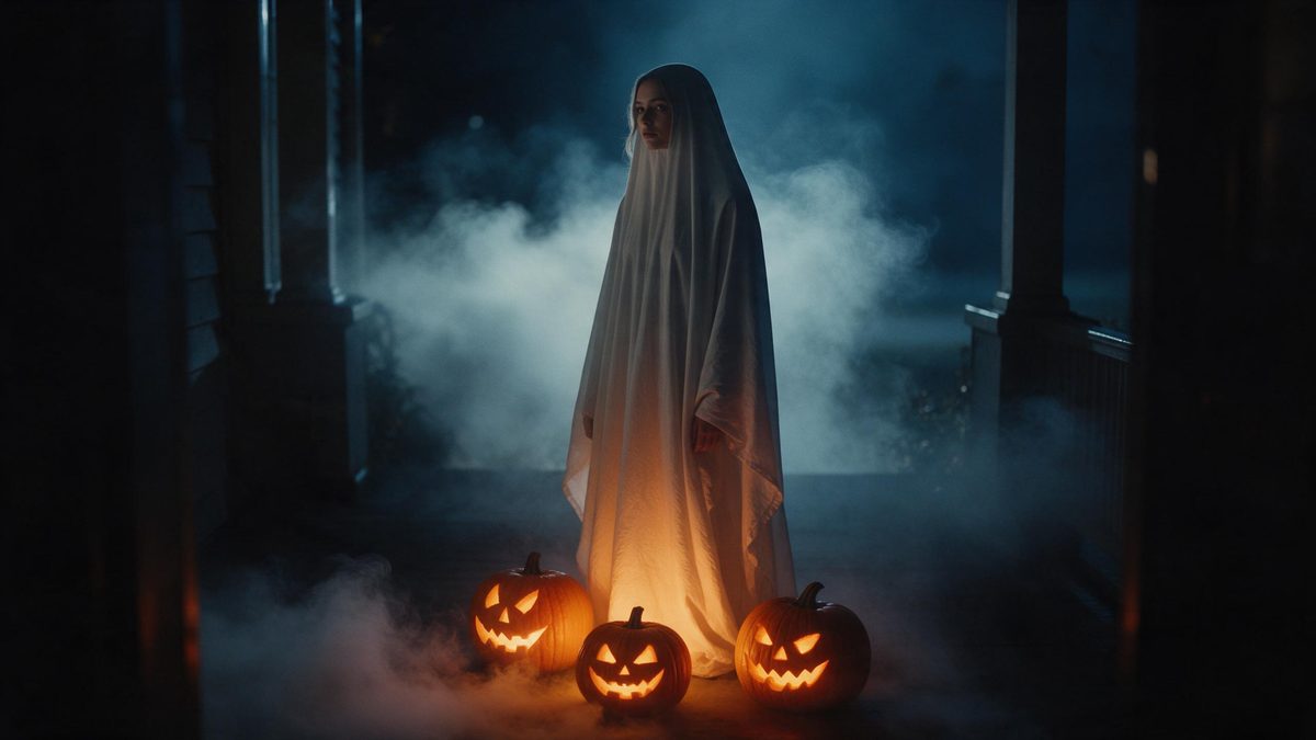 A woman in a long pale ghost costume standing on a dark porch, lit from below by carved pumpkins with fog drifting behind her