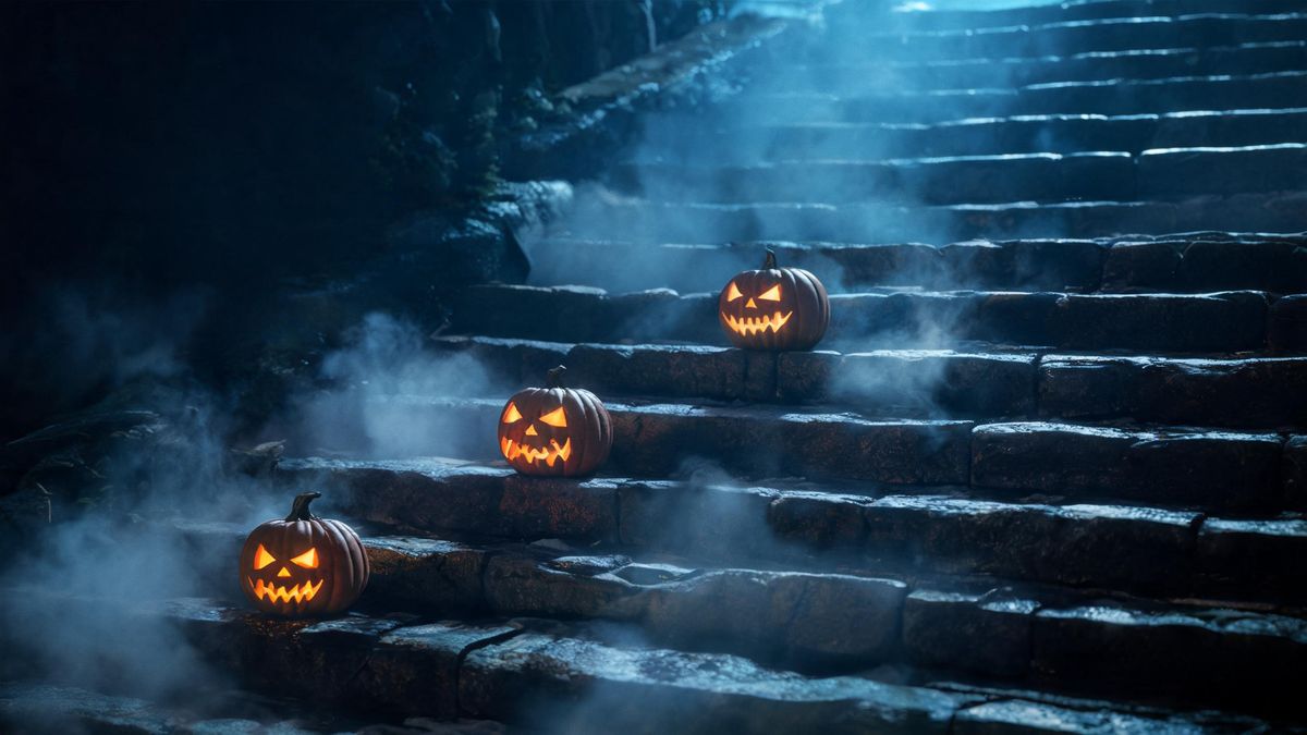 Three pumpkins on stone steps at different heights with ground fog drifting between them