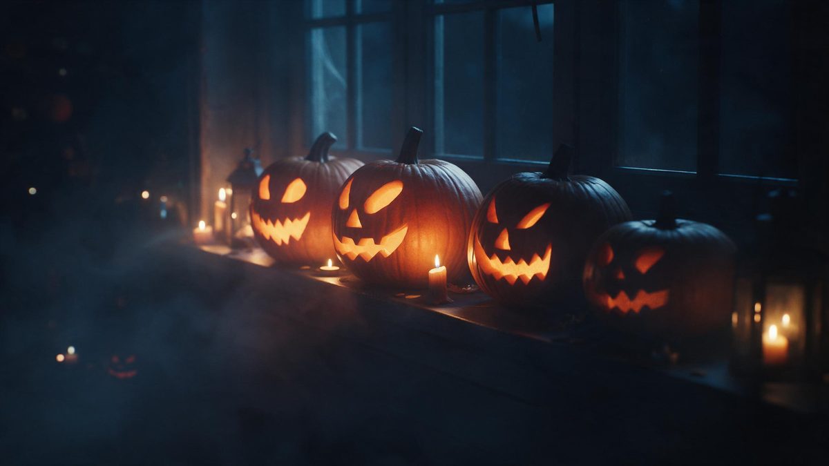 Five carved pumpkins in a row along a dark windowsill, each one dimmer than the last into the dark