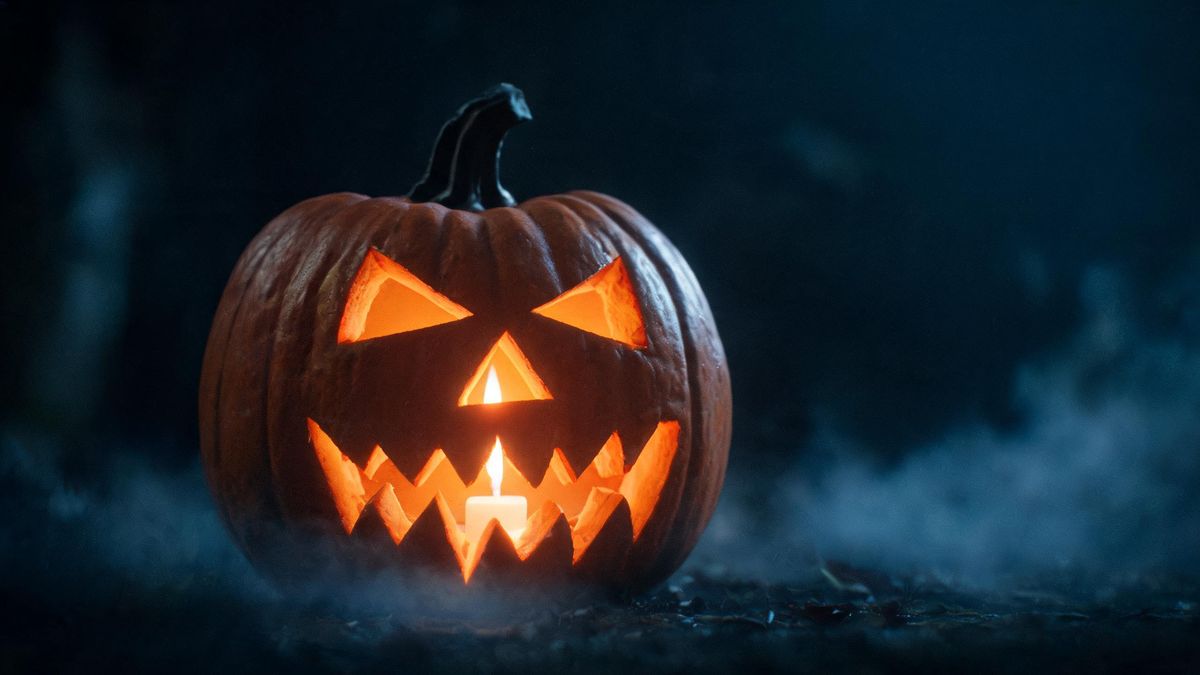 Close-up of a single carved pumpkin with a candle flickering inside, the rest of the frame in darkness