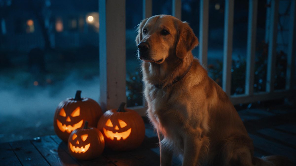 A golden retriever sitting on a porch beside three carved pumpkins, warm light from inside the pumpkins against blue night