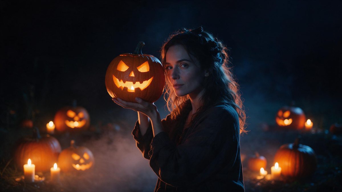 A woman holding a carved pumpkin lantern up beside her face in orange rim light