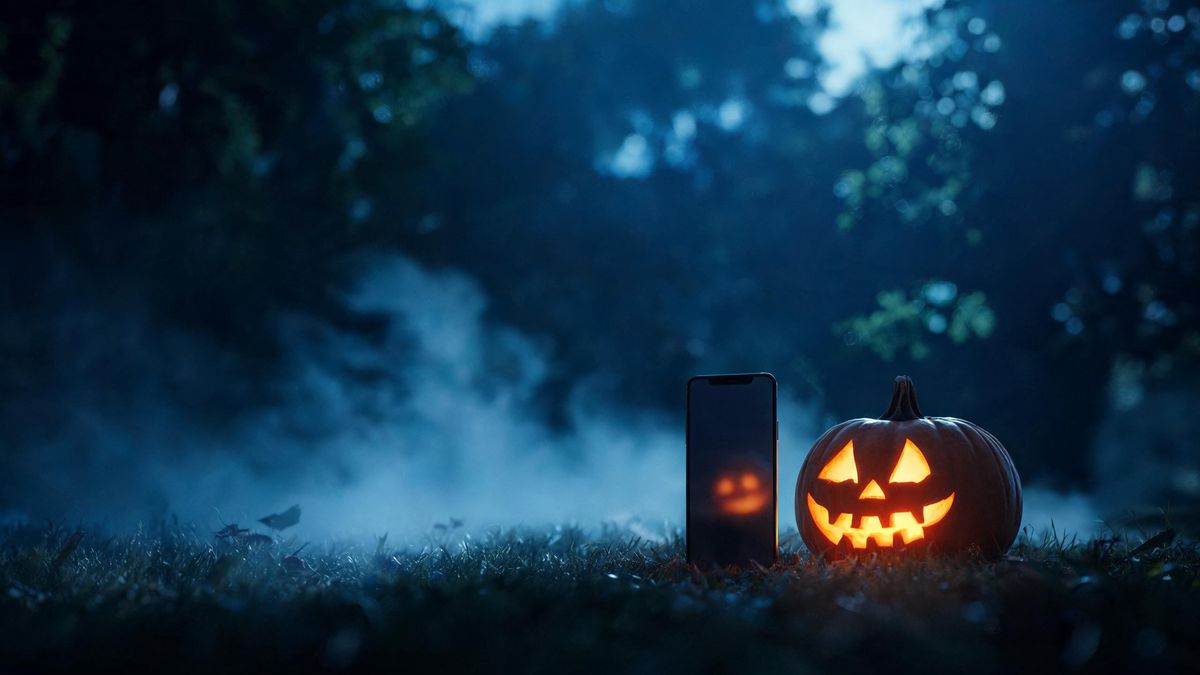 A phone standing upright in the dark beside a carved pumpkin, its screen showing only a reflection