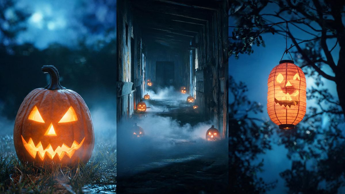 Three Halloween scenes side by side in one frame: a pumpkin, a foggy corridor and a hanging lantern
