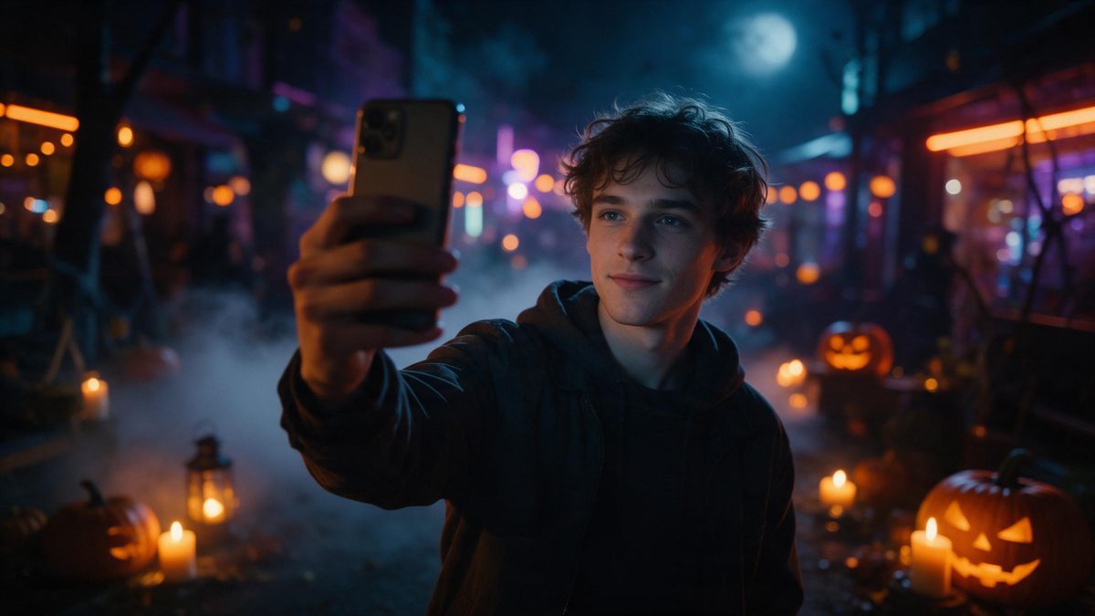 A young man holding up a phone on a neon-lit street at night, fog in the air, the phone screen angled away from the camera