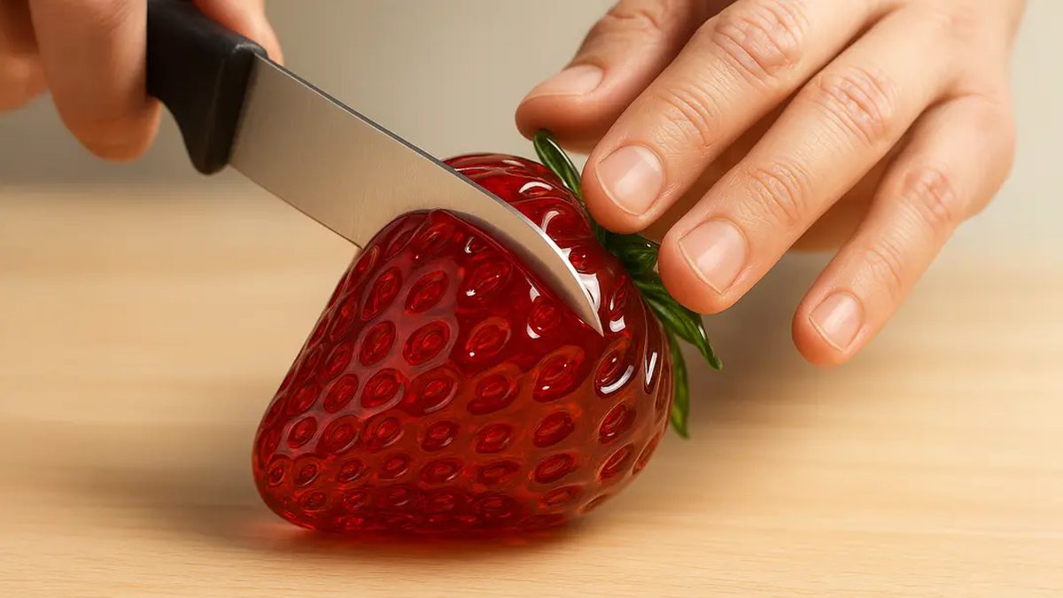 A plain object resting on a clean surface, sliced cleanly in half with a calm, even cut