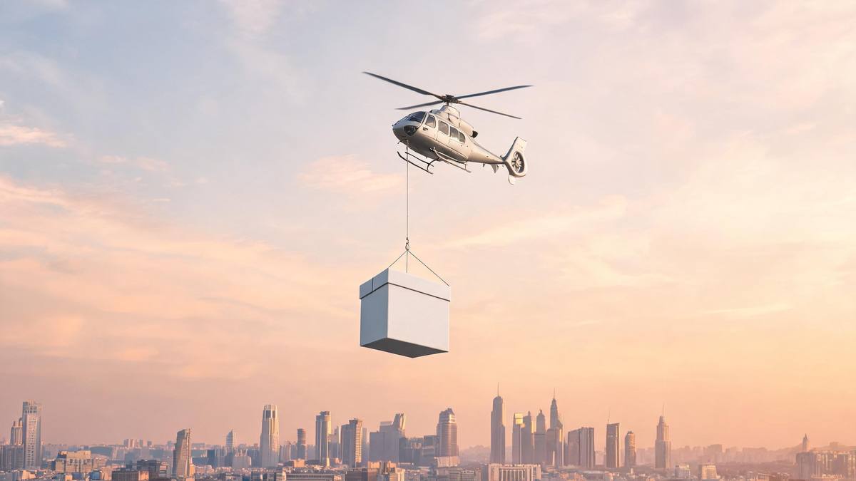 A small helicopter lifting a plain gift box over a city skyline at golden hour