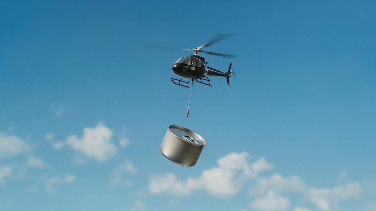A small helicopter carrying a coffee can on a cable through a clear blue sky