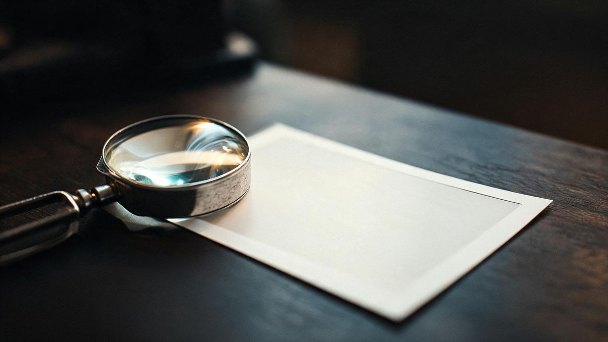 A magnifying loupe resting on a photograph on a dark surface, warm light catching the glass