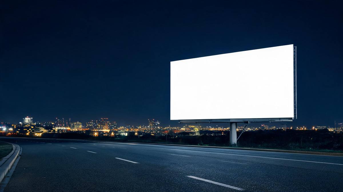 A large blank billboard beside an open road at night with a lit city in the distance