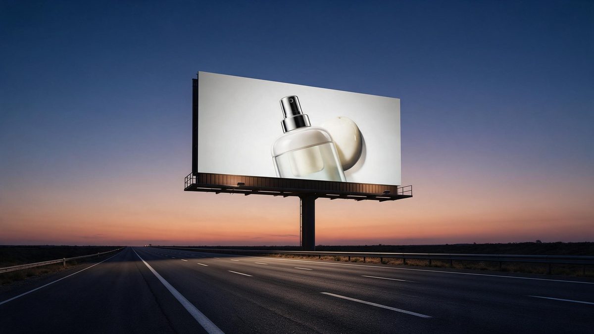 A huge roadside billboard beside an empty highway at dusk, the product shown large across it