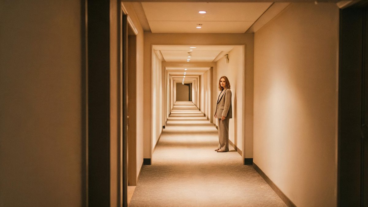 A woman standing midway down a long hotel corridor in strong one-point perspective under warm ceiling lights