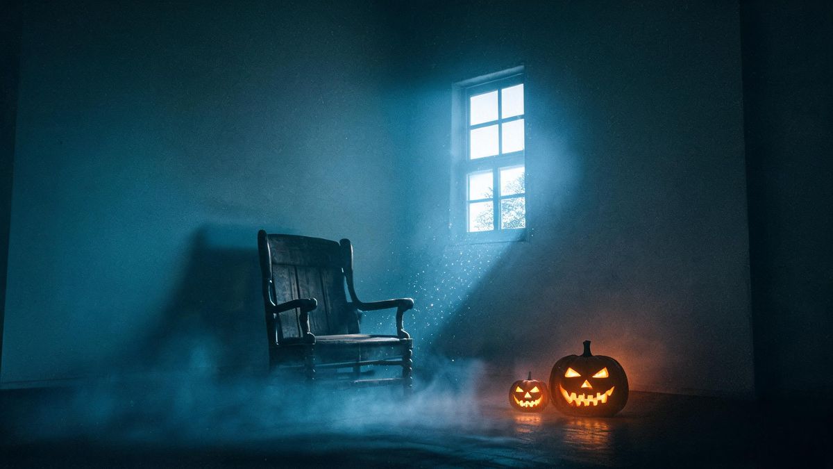 An empty chair in the middle of a bare room with cold moonlight coming through a window