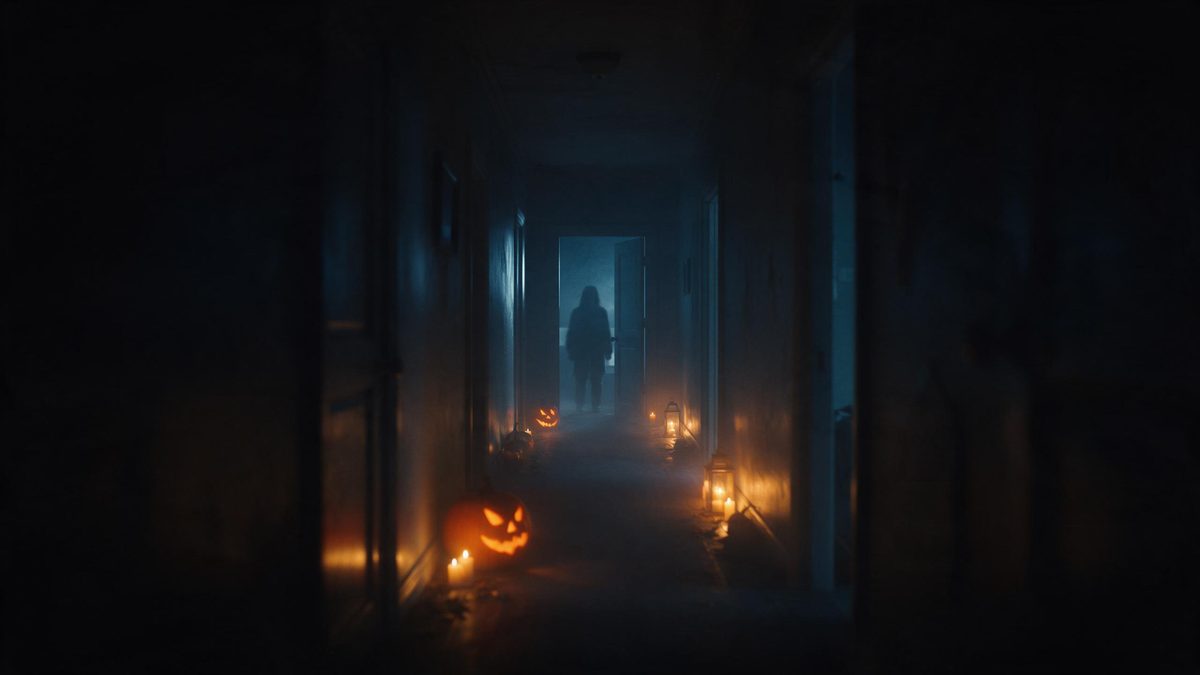 A long empty corridor at night with a blurred figure far at the end and a door standing ajar, no face visible