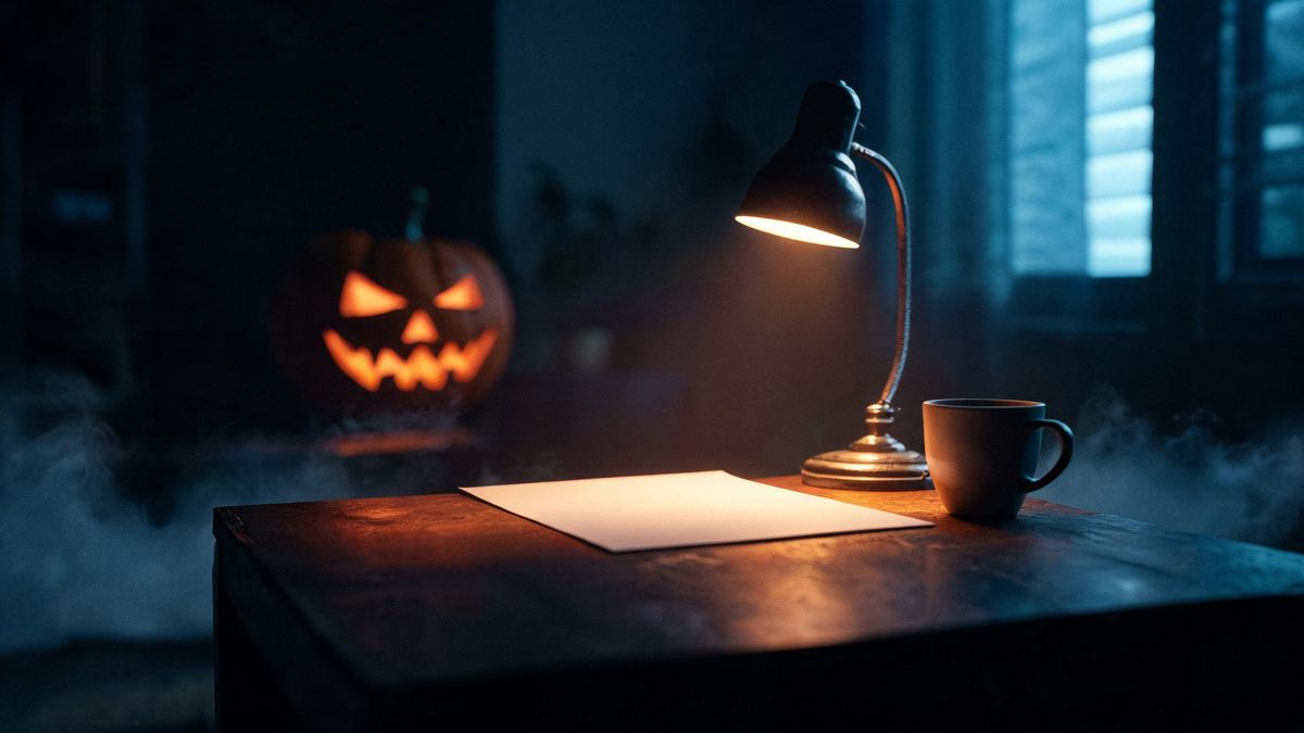 A photograph lying flat on a dark table beside a small lamp and a cup, the image side turned down
