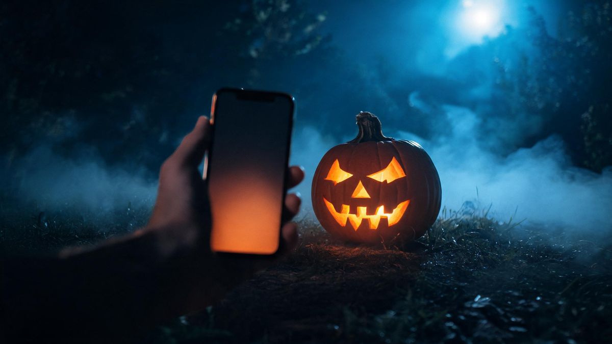 A hand holding a phone with a blank dark screen showing only a reflection, a pumpkin glowing beside it