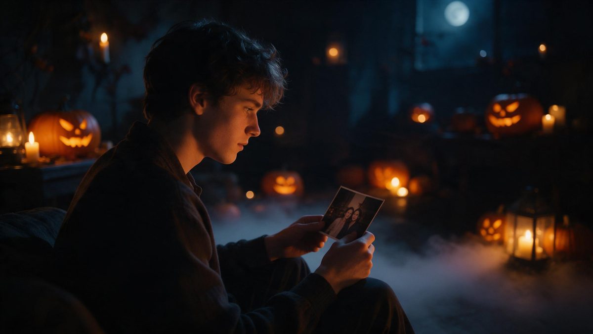 A young man sitting in a dark room holding a photograph, warm pumpkin light on his face