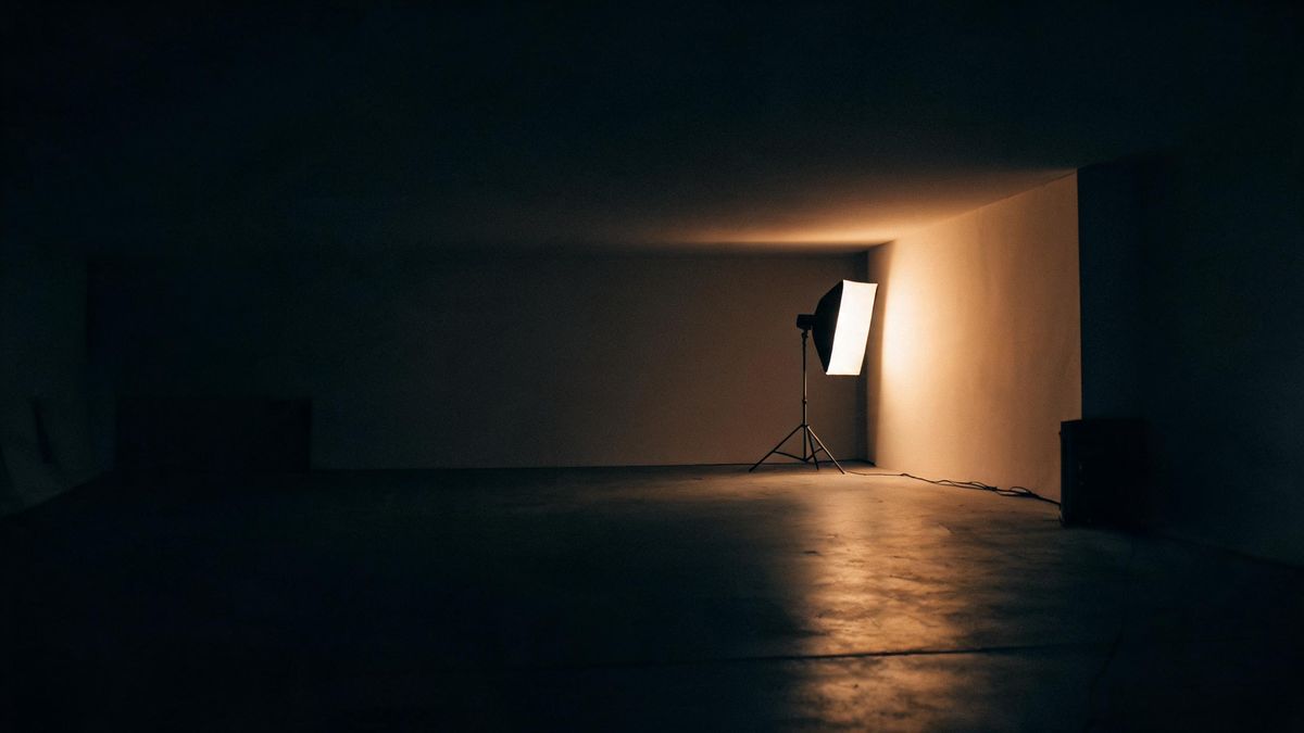 An empty studio with a single softbox switched on in one corner, everything else unlit