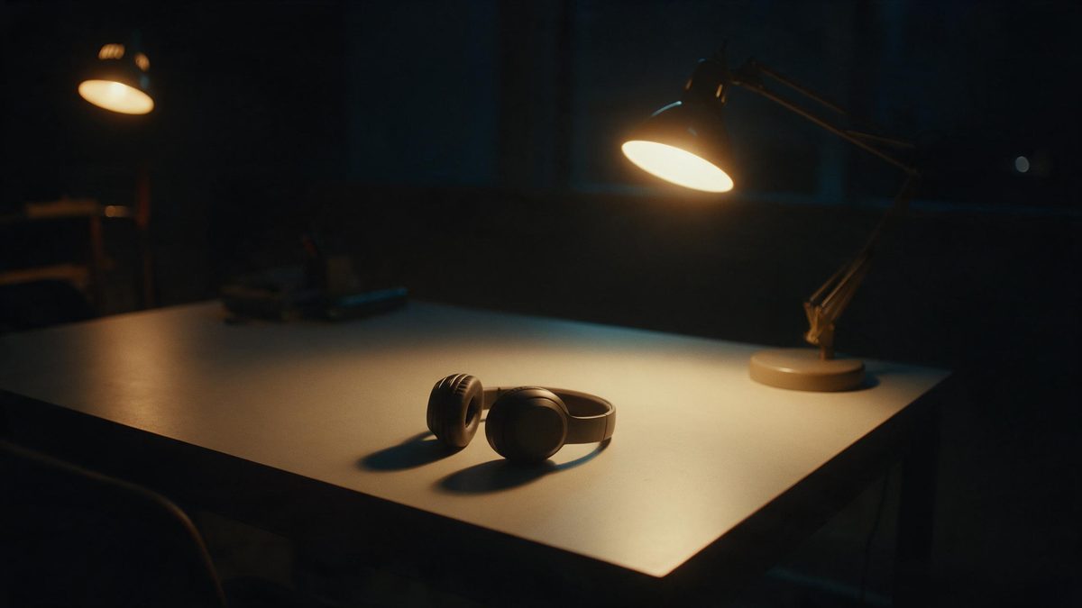 A desk at night with closed headphones resting on a bare surface and one warm lamp, no screens anywhere in frame
