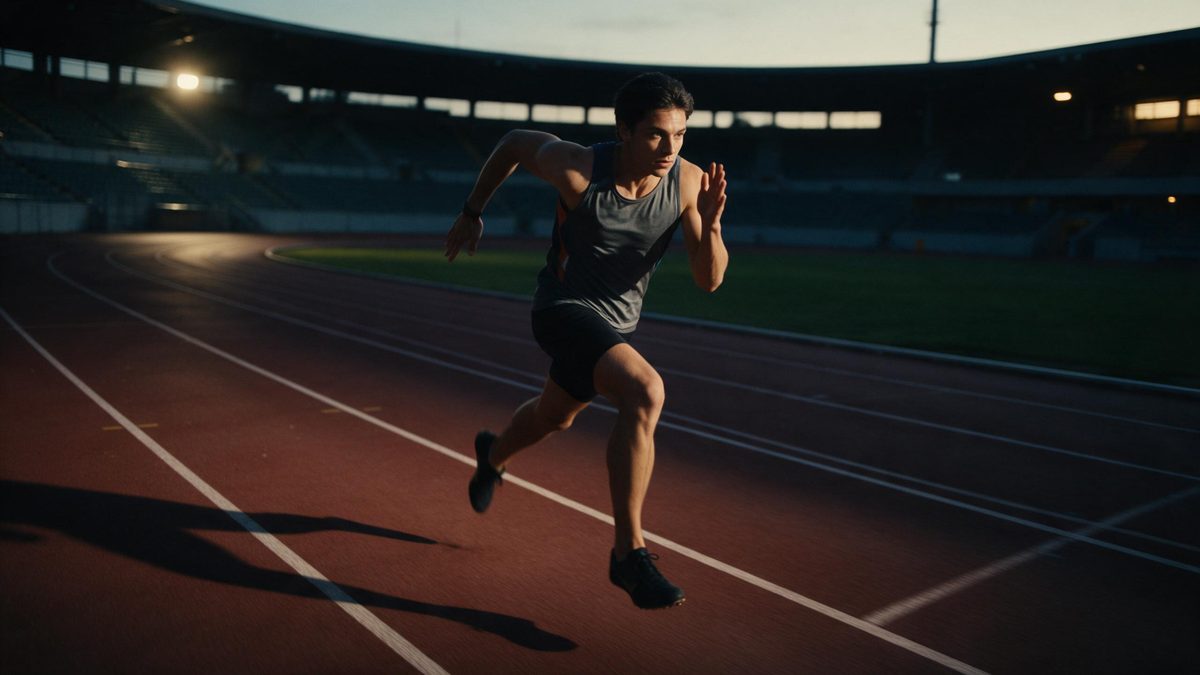A runner mid-stride on an empty track at first light, a trailing shadow behind them, everything but the athlete in deep shade