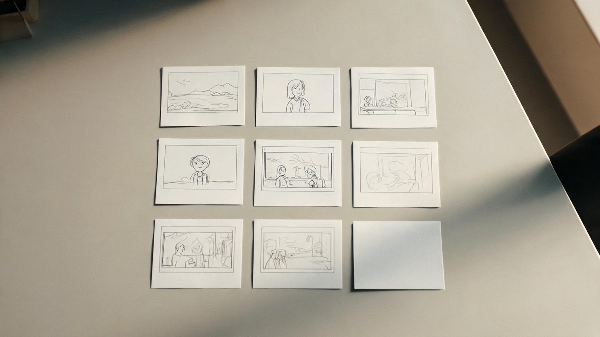 Nine matte storyboard cards laid out on a pale grey desk in top-down view with one card flipped face down
