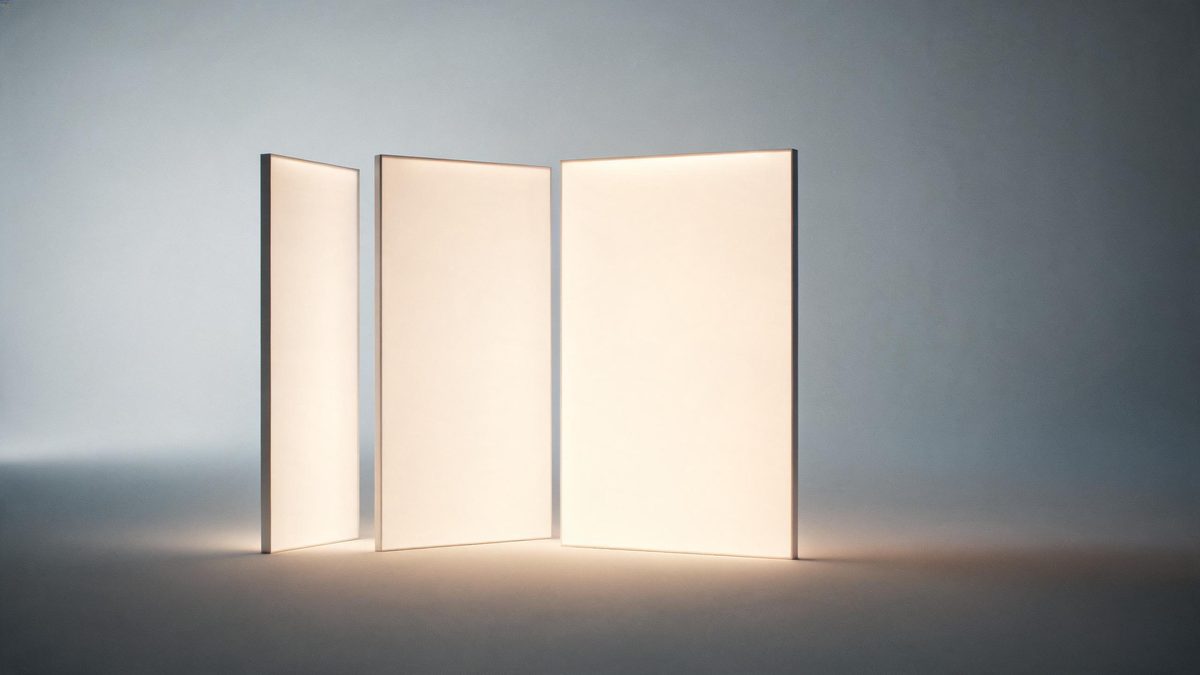Three warm white panels of different proportions standing side by side on a pale grey background