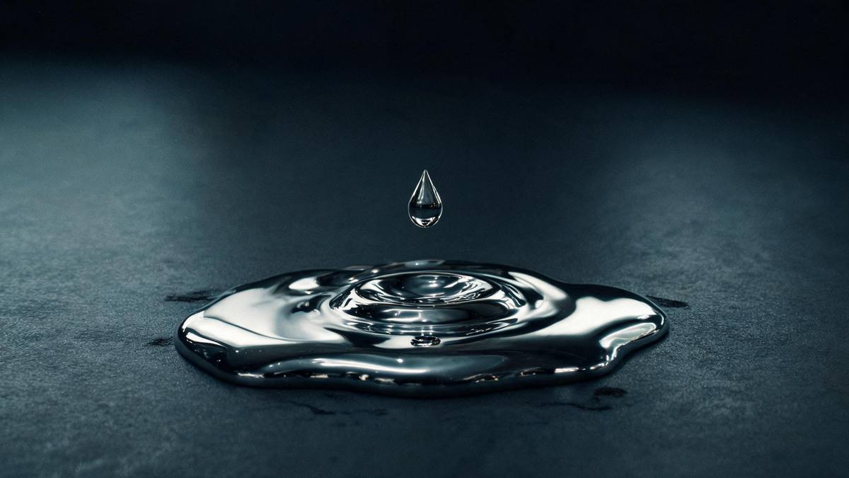 Mirror-bright liquid chrome rippling on a dark floor with a single smooth metal droplet rising