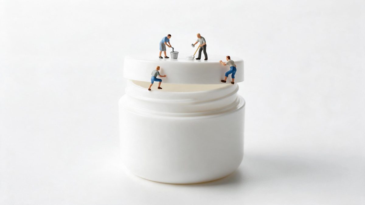 Tiny miniature figures climbing across the lid of a plain white cream jar at macro scale