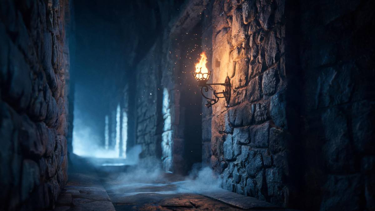 A single iron wall torch burning on rough grey stone in a narrow corridor with deep shadow beyond the pool of light