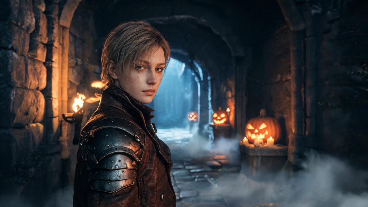 A figure turning toward the camera in a dark stone corridor in worn leather and steel, torch light raking across the wall