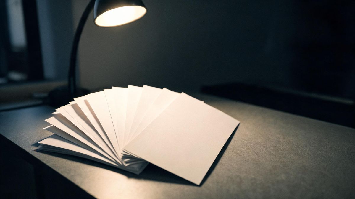 Several printed sheets fanned out on a grey desk under a single overhead lamp, the paper texture visible in the light