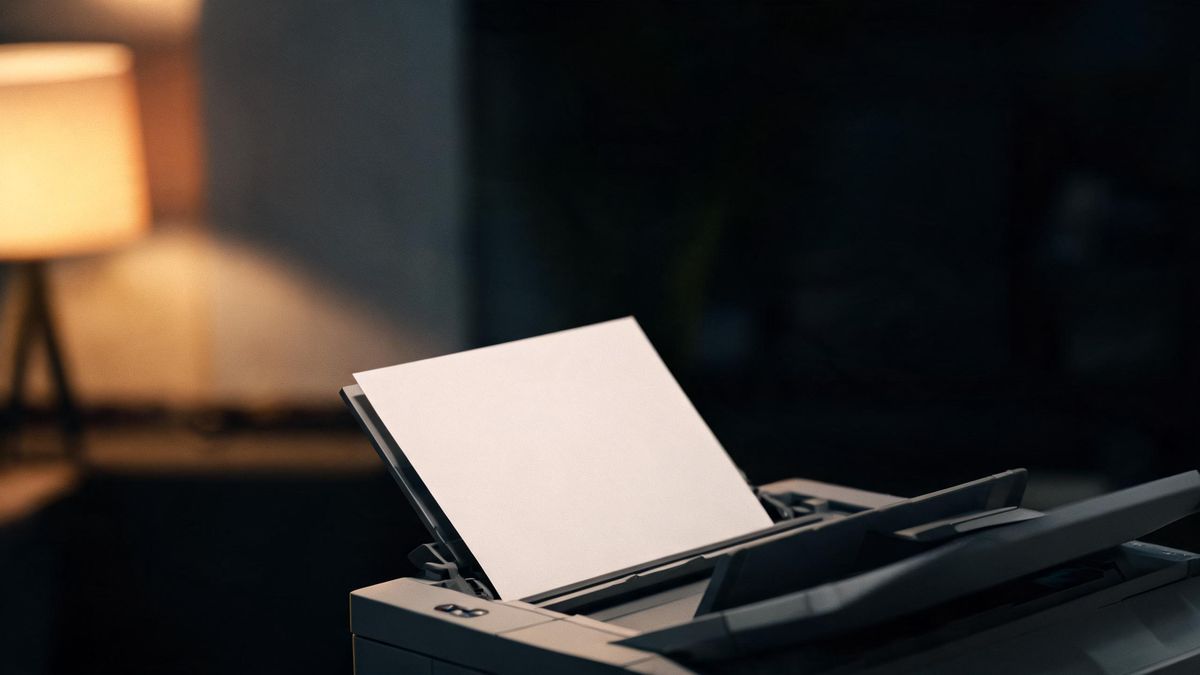 A printer tray with one sheet halfway out, seen from a low angle in a dim room with warm light