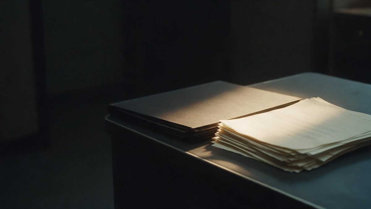 A closed hardbound document folder with a loose stack of printed sheets on a dark desk, a warm desk lamp raking across the paper edges