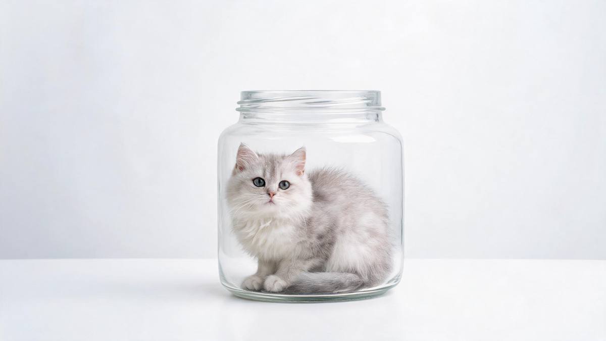 A small cat sitting inside a large clear glass jar on a bright surface