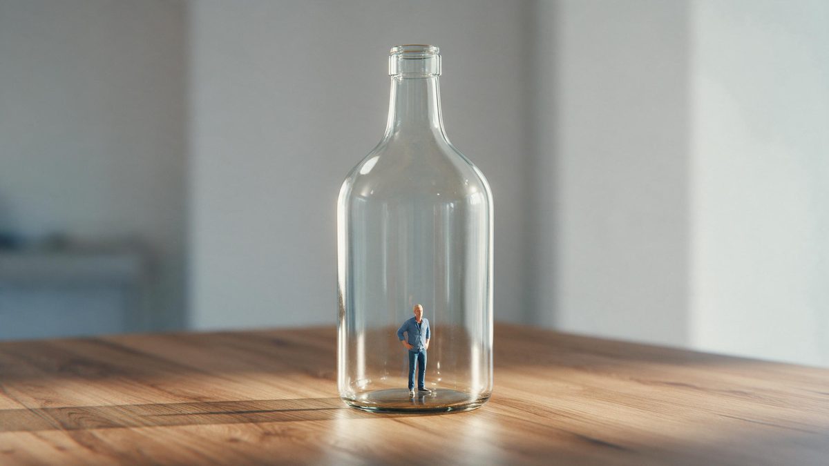 A tiny miniature man standing inside a large clear glass bottle on a wooden table