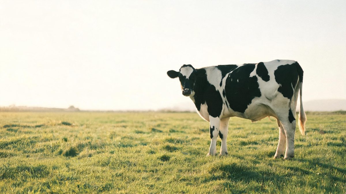 A cow on a plain surface, lit from one side with soft shadow, broken apart at the moment of the cut