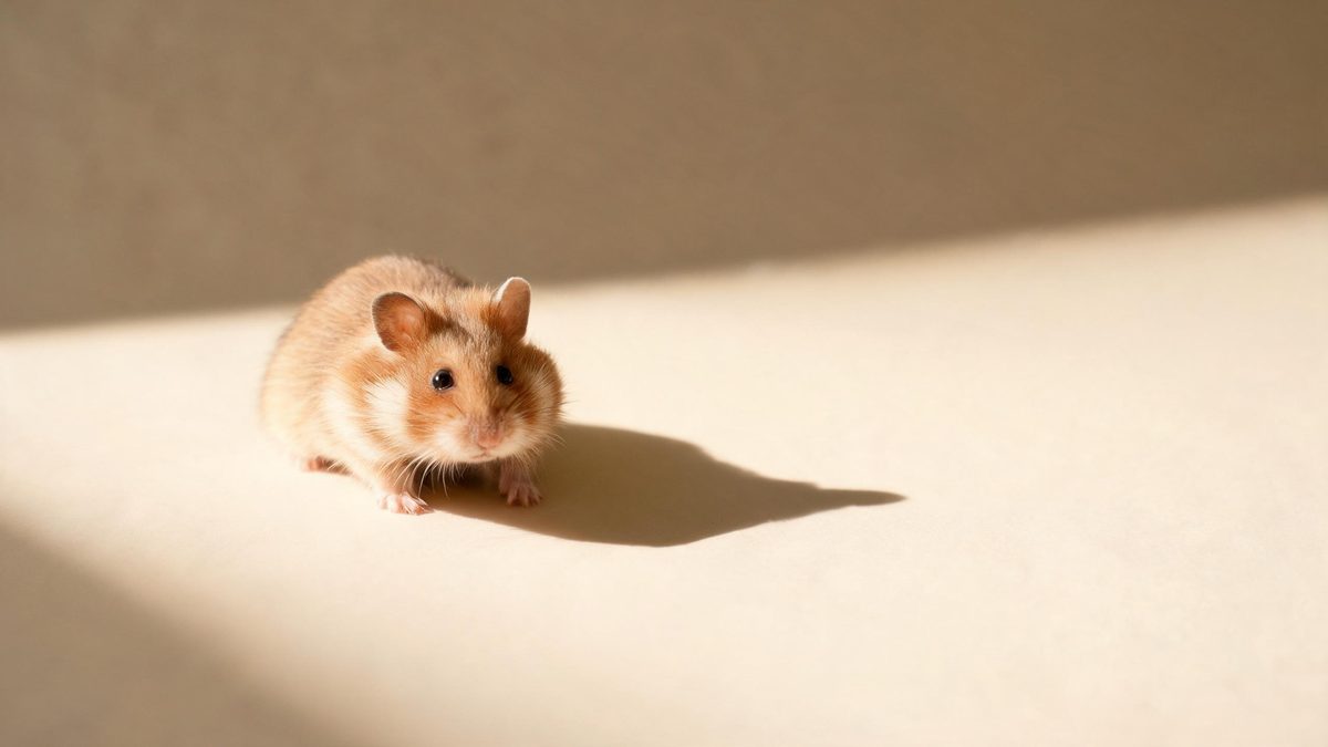 A hamster on a plain surface, lit from one side with soft shadow, broken apart at the moment of the cut