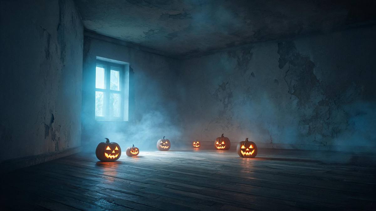 An empty dim room with cold blue light falling across bare floorboards and faint haze in the air