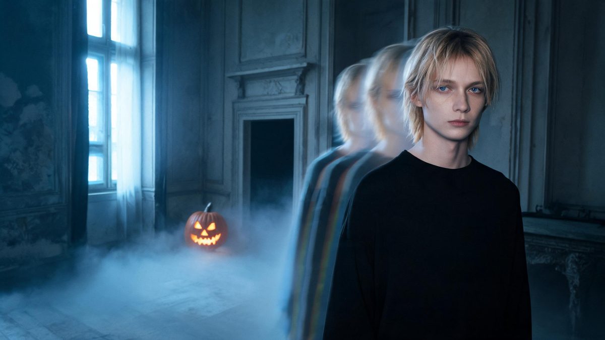 A figure standing in a dim empty room with faint translucent trailing copies behind in cold blue light