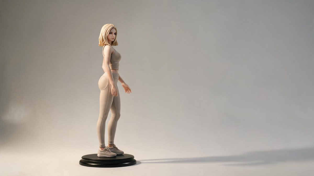 A woman with European features presented as a painted collectible figurine on a display base, a slow rotation pose, soft studio light