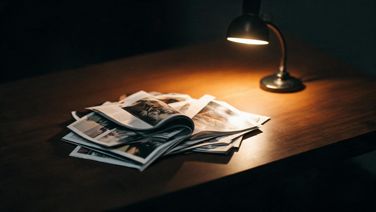 Printed magazine pages spread across a dark wooden desk under the warm pool of a single desk lamp